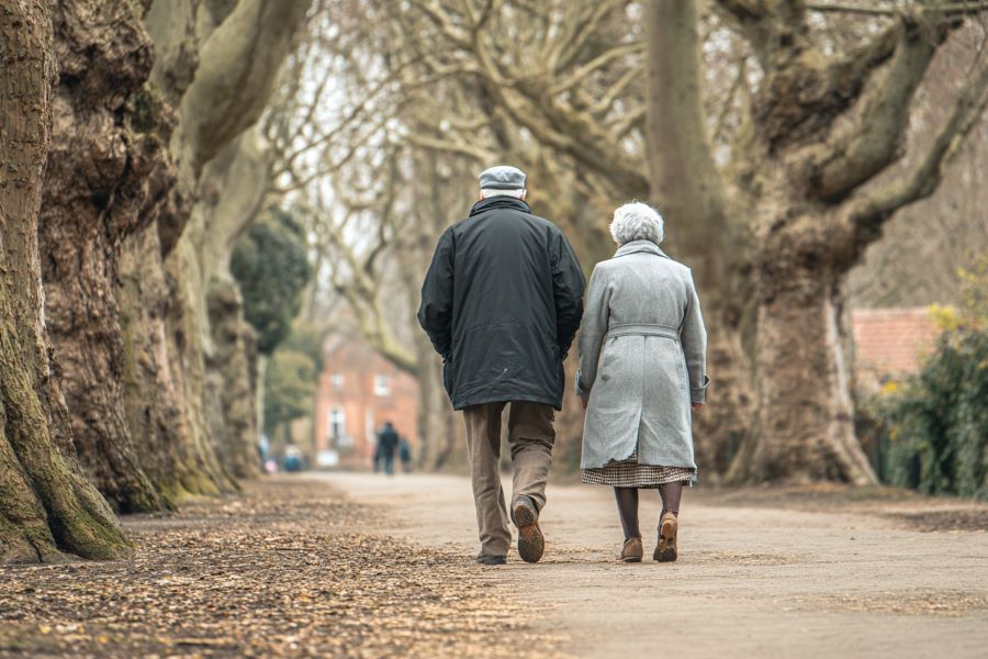 Smiling mature couple in their 60s walking hand-in-hand through a sunlit autumn park, representing successful finding companionship after 50 on SeniorMatch