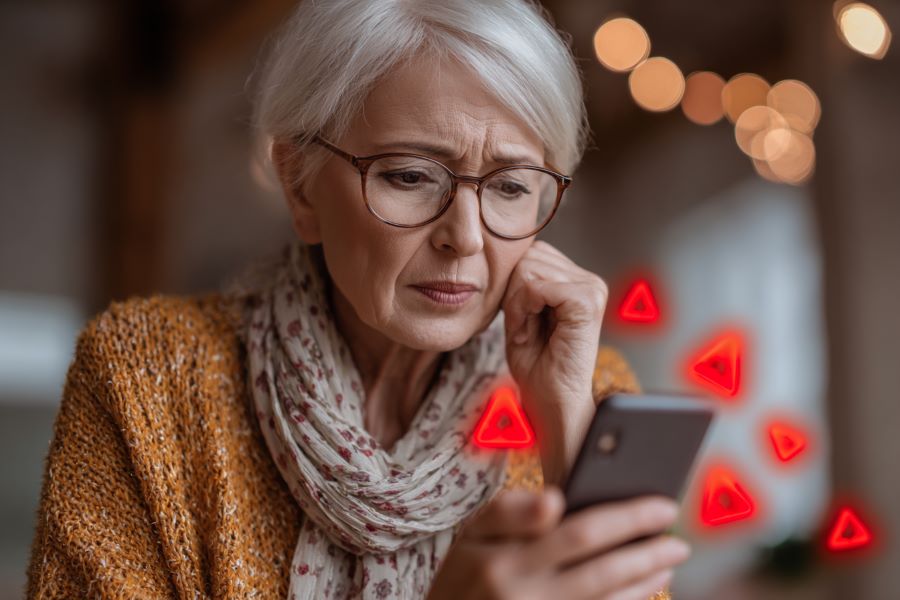 Senior woman looking concerned at phone screen with red warning icons, representing senior dating red flags and online safety
